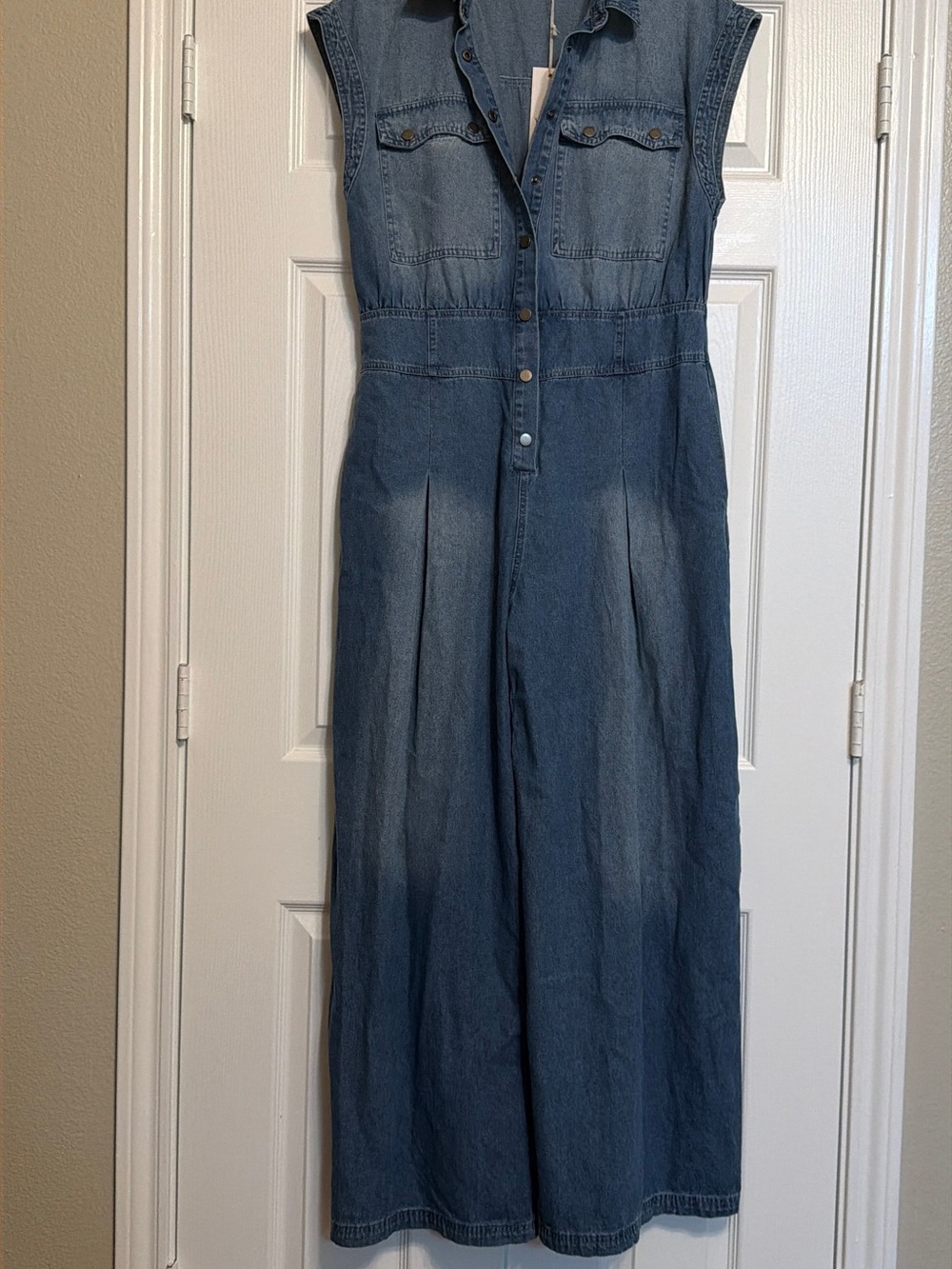 Sleeveless Denim Jumpsuit in Medium Blue